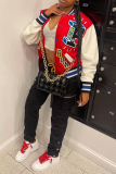 Red Casual Print Patchwork Letter Mandarin Collar Outerwear