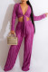 Purple Casual Solid Bandage V Neck Long Sleeve Two Pieces