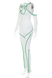 White Sexy Solid Hollowed Out Patchwork Asymmetrical Asymmetrical Collar Regular Jumpsuits