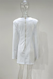 White Sexy Solid Hollowed Out Slit V Neck Long Sleeve Dresses