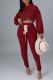 Burgundy Casual Solid Bandage Patchwork Hooded Collar Long Sleeve Two Pieces