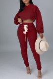 Burgundy Casual Solid Bandage Patchwork Hooded Collar Long Sleeve Two Pieces