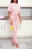 Pink Casual Solid Backless O Neck Short Sleeve Two Pieces
