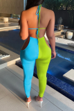 Red Blue Sexy Patchwork Hollowed Out Halter Skinny Jumpsuits
