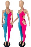 Red Blue Sexy Patchwork Hollowed Out Halter Skinny Jumpsuits