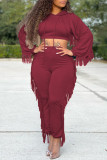 Deep Red Casual Solid Tassel Patchwork Hooded Collar Regular Jumpsuits