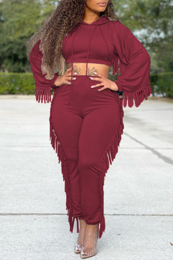 Deep Red Casual Solid Tassel Patchwork Hooded Collar Regular Jumpsuits