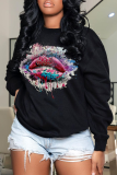 Black Street Vintage Lips Printed Patchwork Letter O Neck Tops