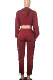 Deep Red Casual Solid Tassel Patchwork Hooded Collar Regular Jumpsuits