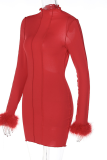 Red Sexy Solid Tassel Backless Half A Turtleneck Pencil Skirt Dresses