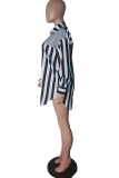 Black And White Casual Striped Patchwork Turndown Collar Tops