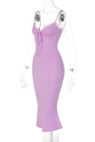 Purple Sexy Solid Lace Spaghetti Strap Pencil Skirt Dresses
