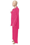 Rose Red Sexy Casual Patchwork Sequins Cardigan Vests Pants Long Sleeve Two Pieces