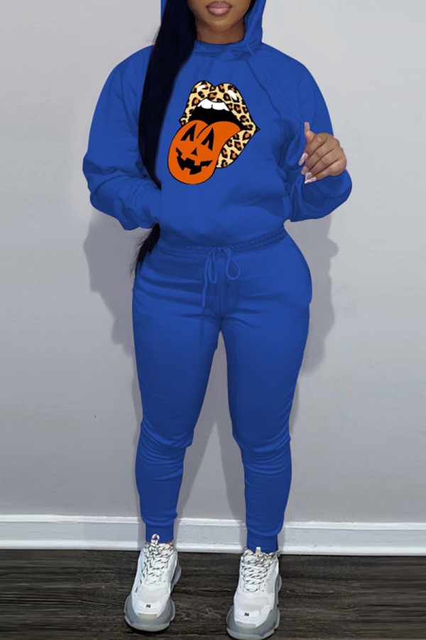 Blue Casual Print Basic Hooded Collar Long Sleeve Two Pieces