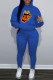 Blue Casual Print Basic Hooded Collar Long Sleeve Two Pieces
