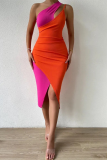 Orange Sexy Solid Hollowed Out One Shoulder Pencil Skirt Dresses