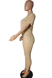 Pink Casual Solid Backless O Neck Short Sleeve Two Pieces