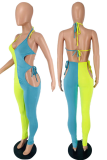 Red Blue Sexy Patchwork Hollowed Out Halter Skinny Jumpsuits