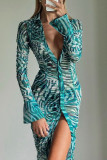 Green Sexy Print Patchwork Buckle Turndown Collar Pencil Skirt Dresses