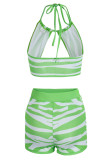 Orange Sexy Print Bandage Patchwork Backless Halter Sleeveless Two Pieces