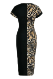 Black Sexy Animal Print Patchwork O Neck Pencil Skirt Dresses
