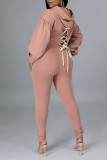 Pink Casual Solid Bandage Patchwork Hooded Collar Long Sleeve Two Pieces