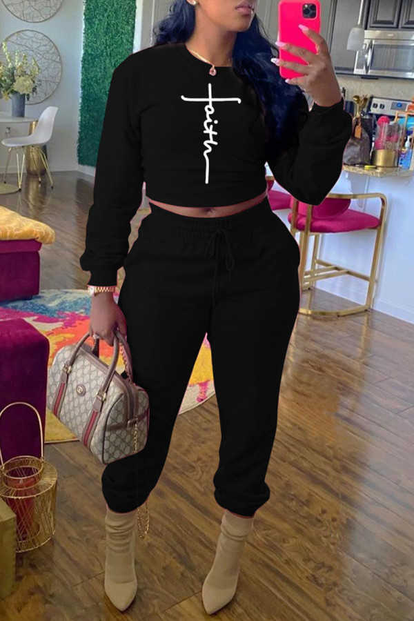 Matte Black Casual Print Patchwork O Neck Long Sleeve Two Pieces