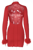 Red Sexy Solid Tassel Backless Half A Turtleneck Pencil Skirt Dresses
