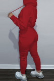 Red Casual Print Basic Hooded Collar Long Sleeve Two Pieces