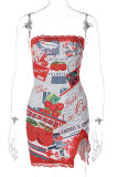 Red Sexy Print Patchwork Strapless Pencil Skirt Dresses