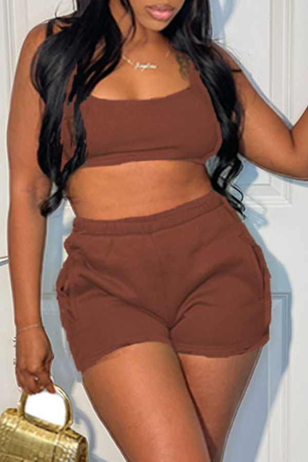 Dark Coffee Casual Solid Backless Spaghetti Strap Sleeveless Two Pieces