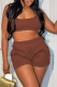 Dark Coffee Casual Solid Backless Spaghetti Strap Sleeveless Two Pieces