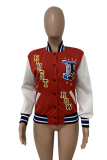 Red Casual Print Patchwork Letter Mandarin Collar Outerwear