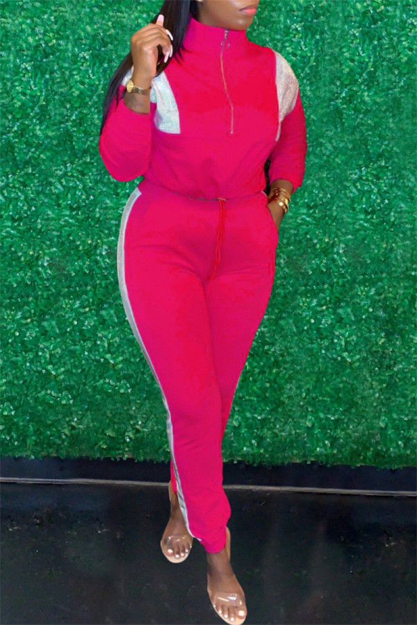 Rose Red Casual Solid Patchwork Contrast Zipper Collar Long Sleeve Two Pieces