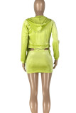Green Yellow Sexy Solid Patchwork Zipper Collar Long Sleeve Three Pieces
