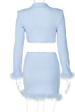 Pink Sexy Solid Patchwork Feathers Turn-back Collar Long Sleeve Two Pieces