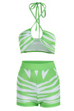 Orange Sexy Print Bandage Patchwork Backless Halter Sleeveless Two Pieces