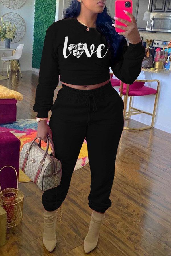 Black White Casual Print Patchwork O Neck Long Sleeve Two Pieces