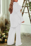 Rose Red Sexy Casual Patchwork Sequins Cardigan Vests Pants Long Sleeve Two Pieces