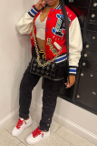 Red Casual Print Patchwork Letter Mandarin Collar Outerwear