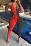 Red Blue Sexy Patchwork Hollowed Out Halter Skinny Jumpsuits