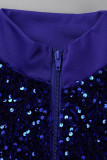 Blue Sexy Solid Sequins Patchwork Zipper Collar Outerwear