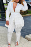 White Casual Solid Tassel Patchwork V Neck Long Sleeve Two Pieces