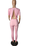 Pink Casual Solid Backless O Neck Short Sleeve Two Pieces