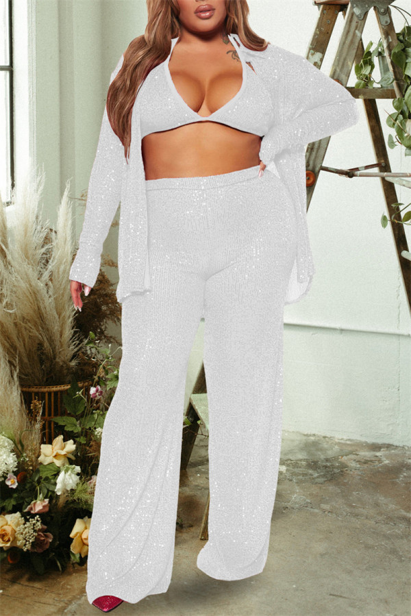 Silver White Sexy Casual Patchwork Sequins Cardigan Vests Pants Long Sleeve Two Pieces