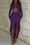 Purple Sexy Solid Bandage Patchwork Flounce V Neck Long Sleeve Two Pieces