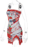 Red Sexy Print Patchwork Strapless Pencil Skirt Dresses