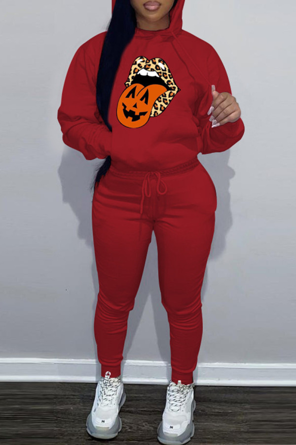 Red Casual Print Basic Hooded Collar Long Sleeve Two Pieces