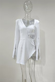 White Sexy Solid Hollowed Out Slit V Neck Long Sleeve Dresses