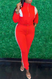Red Casual Solid Patchwork Contrast Zipper Collar Long Sleeve Two Pieces